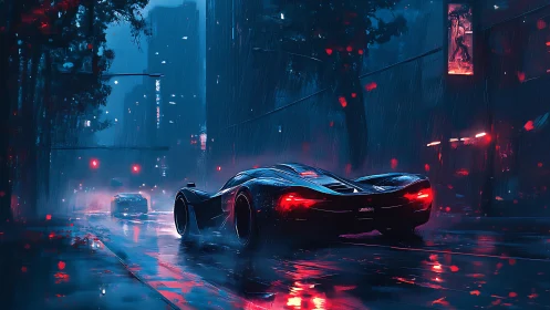 Futuristic supercar glides through neon drenched rain cityscape.