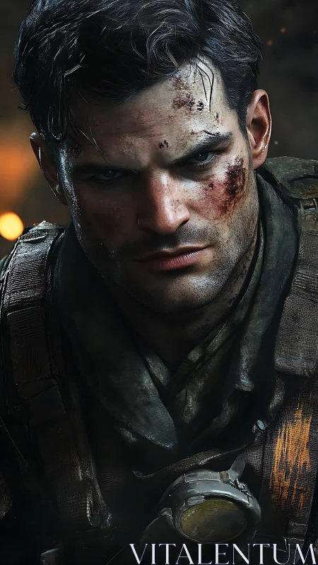 Digital portrait of battle-worn soldier in tactical gear.