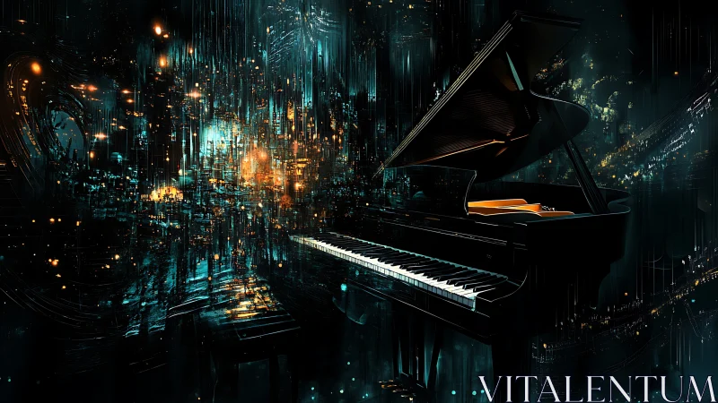 Grand piano set in luminous abstract cyber cityscape.