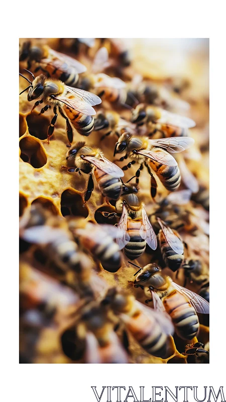 Macro study of worker honeybees clustering on wax comb.