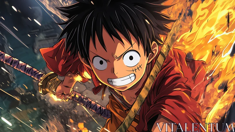 Dynamic anime warrior lunges forward, fire-lit motion blur scene