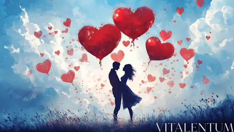 Silhouetted Couple Dancing Among Floating Red Heart Balloons.