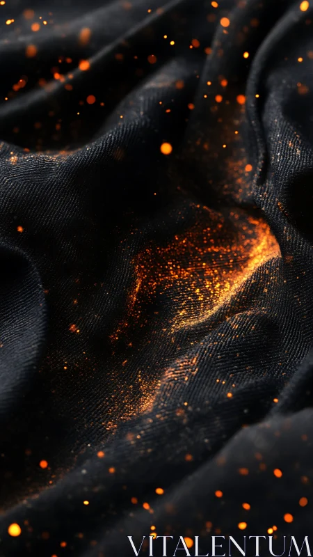 Glowing orange particles scatter across folded dark fabric