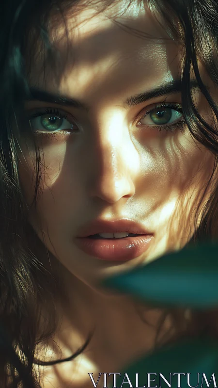 Sunlit green-eyed portrait framed by soft foliage shadows.