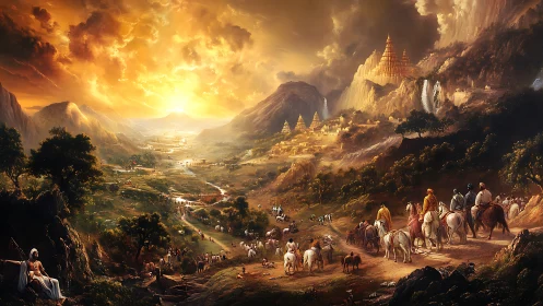 Sunlit valley settlement with temples, riders, and herders.