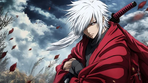 Crimson cloaked swordsman under storm‑laden dynamic sky.