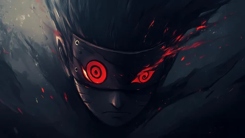 Dark anime warrior portrait with glowing red eyes locked.