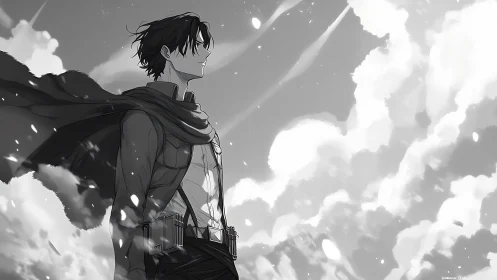 Windswept anime hero gazes toward bright, hopeful skies