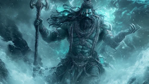 Mythic blue-skinned warrior in storm-tossed seascape.