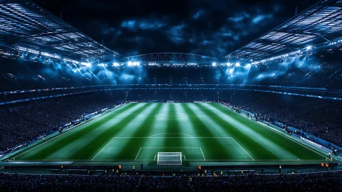 Stadium floodlights carve a glowing emerald stage from night