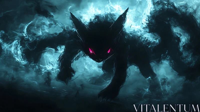 Shadowy feline-shaped entity with glowing eyes in mist.