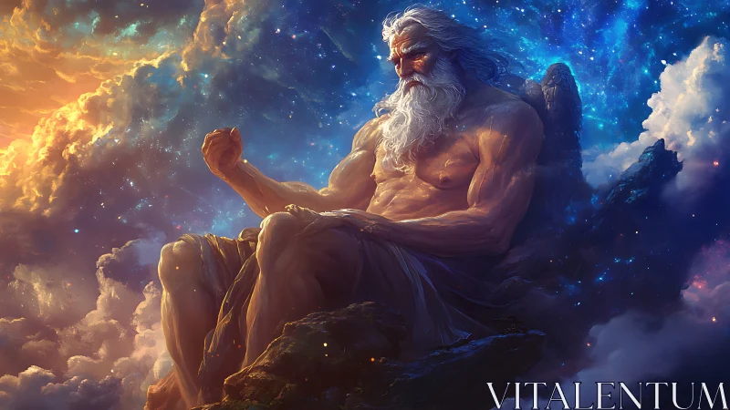 Celestial titan broods between dawnfire and star-swept void.