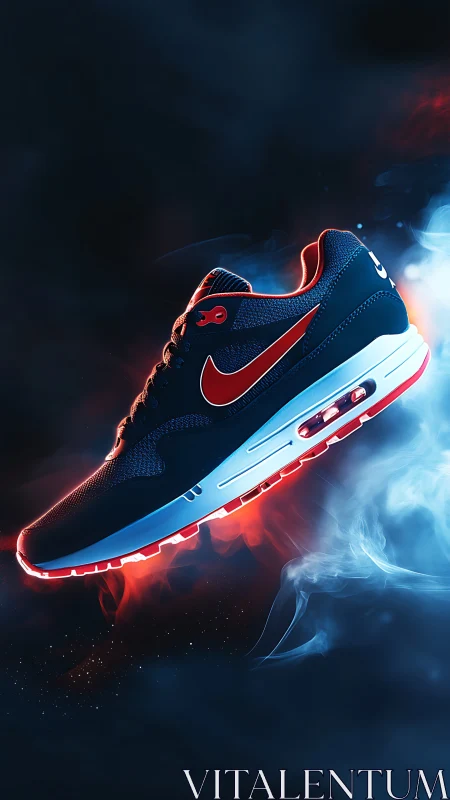 High-contrast athletic sneaker with glowing Air sole in smoke