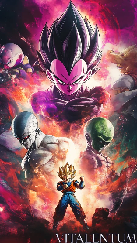 Fiery anime warriors assembled in dynamic cosmic clash poster.