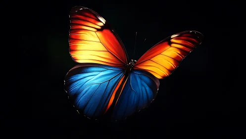 Vibrant orange blue butterfly glows against black void