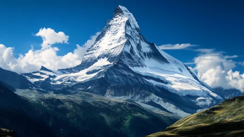 Sunlit alpine peak rises above valleys under clear skies