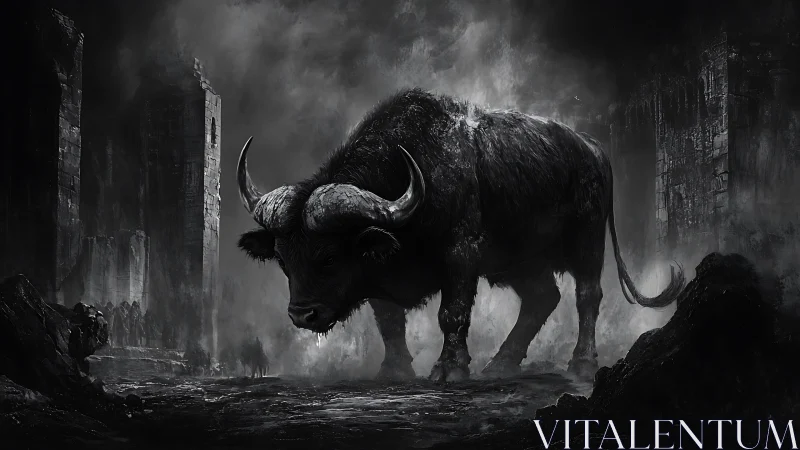 Colossal horned beast dominates ruined monochrome citadel.