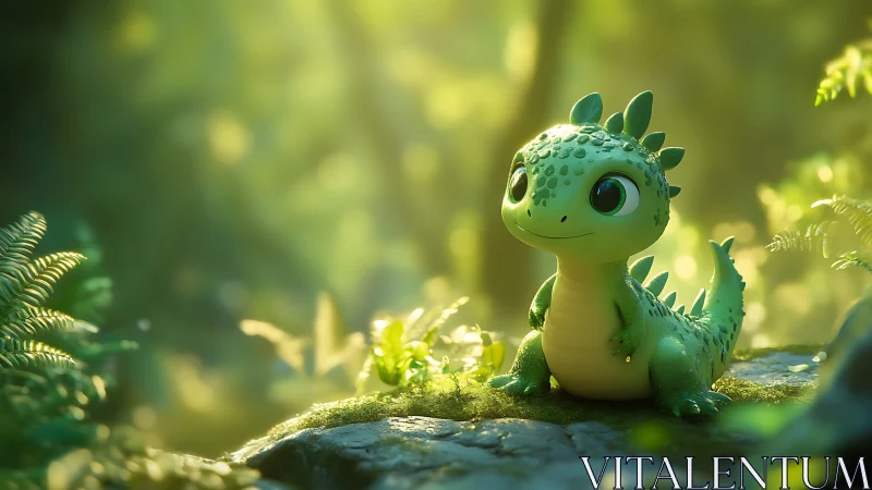 Stylized baby dragon in volumetric forest light with bokeh haze