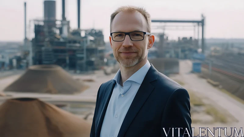 Confident industrial manager stands at sprawling factory site