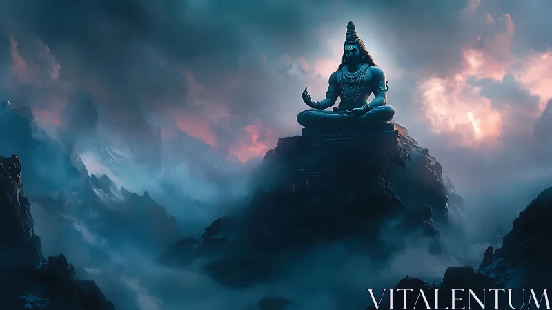 Mythic blue deity meditating above volumetric cloud chasms.