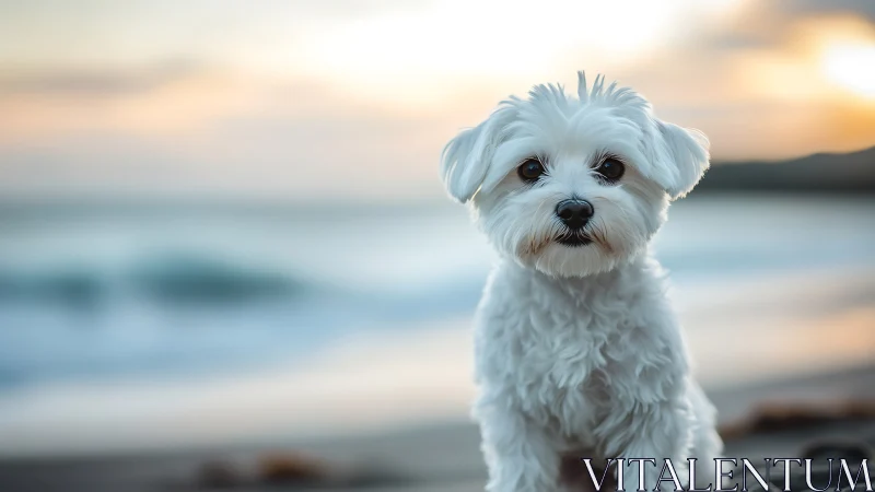 Small white dog at shoreline under soft sunset backlight.