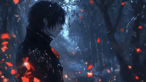 Brooding dusk wanderer among ember-bright forest ghosts.