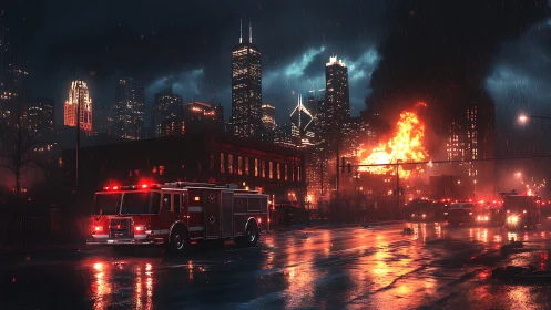 Emergency Response: Fire Truck Night Rain Urban.