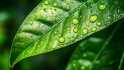 Raindrop constellations glitter across a sunlit jungle leaf