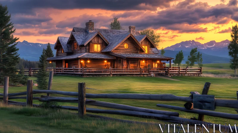 Sunlit mountain lodge glowing like a hearth in open meadow.