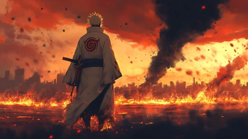 Lone warrior faces burning city under fiery sky.