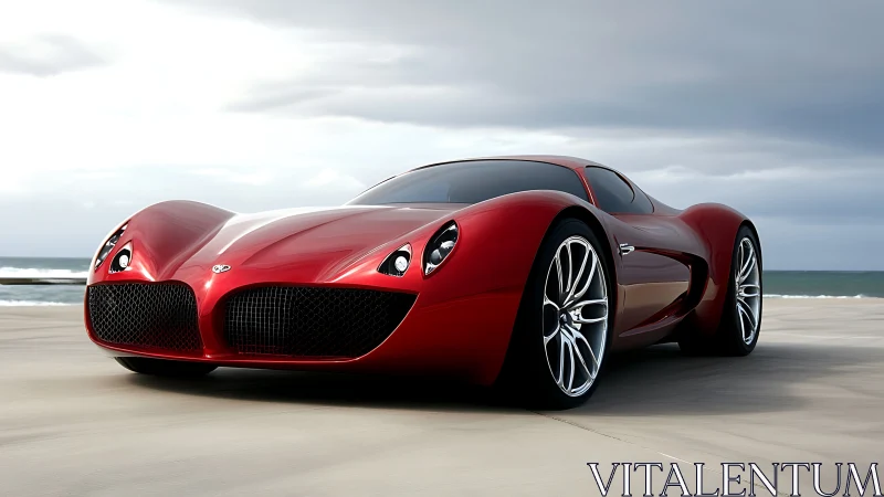 Crimson coastal supercar poised for a windswept escape.