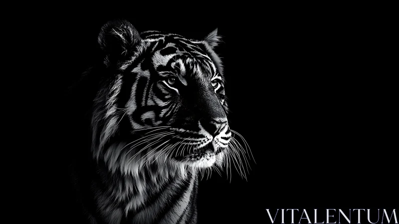 Monochrome side profile study of tiger on black background.