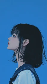 Side profile of girl in blue background, digital portrait.
