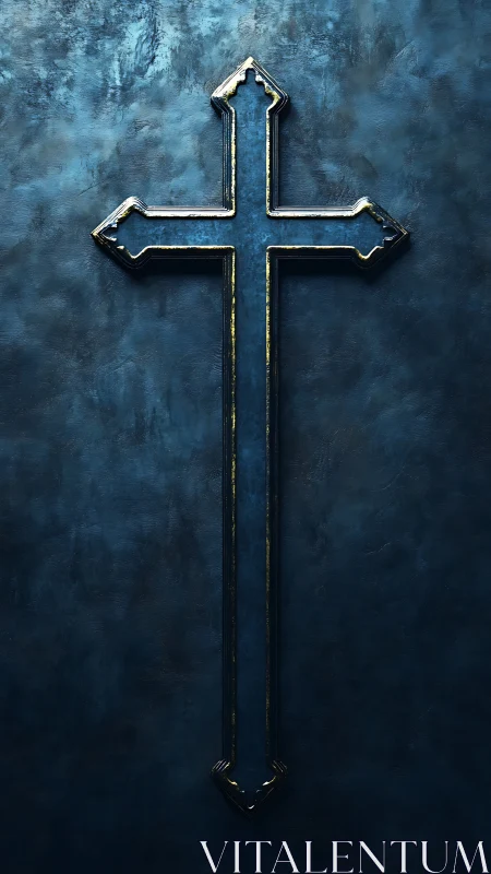 Metallic cruciform blade merges cross and sword symbolism.