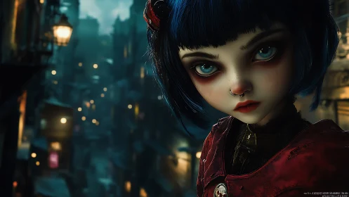 Gothic street portrait of blue‑haired girl with oversized eyes