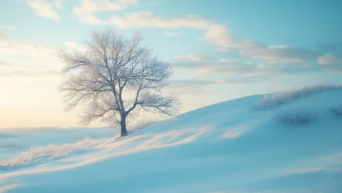 Frosted lone tree on pastel snow dunes at winter sunrise.