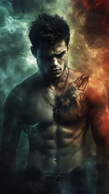 Brooding shirtless warrior framed by swirling colored smoke.