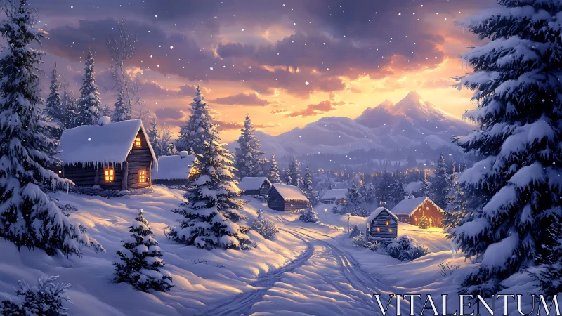 Snowlit mountain village wrapped in golden evening glow.