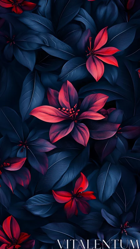 Vibrant Red Flowers Bloom Among Deep Blue Foliage