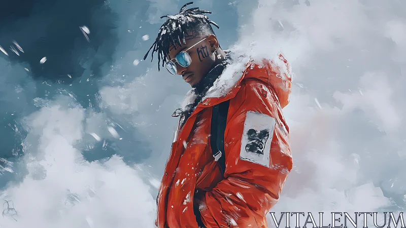 Cool wanderer in bright orange coat amid swirling snowstorm.