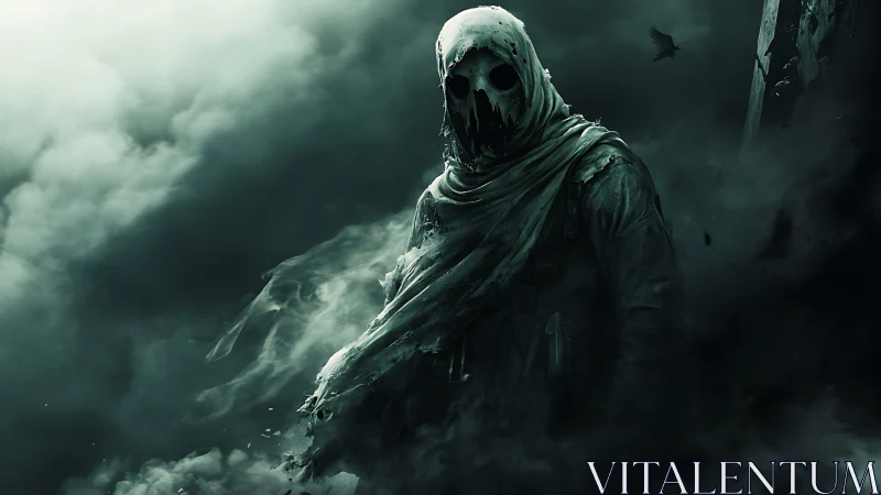 Hooded skeletal figure in dense swirling green fog field.