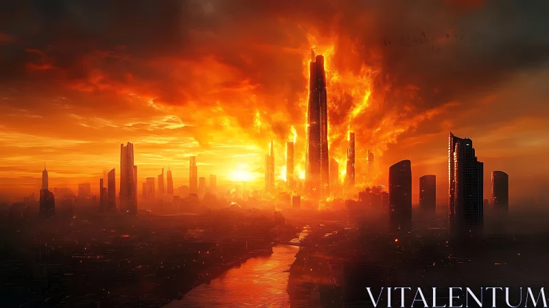 Burning central skyscraper dominates fiery city skyline