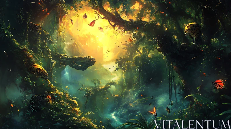 Subterranean Forest with Bioluminescent Canopy and Wildlife