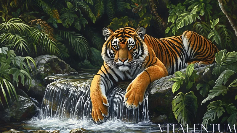 Tiger rests on rocks above jungle waterfall in dense foliage
