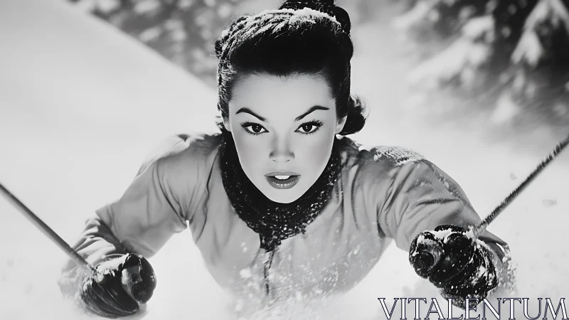 Monochrome downhill ski portrait with dynamic frontal framing.