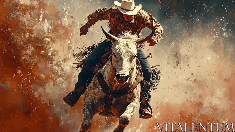 Rodeo cowboy riding a bucking bull in dynamic motion.