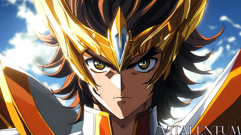 Heroic armored anime warrior in radiant frontal close-up.