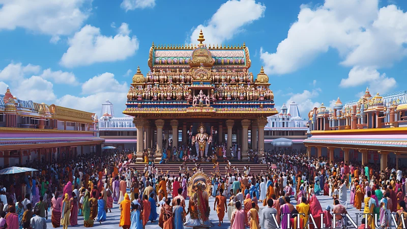 Crowd moves through detailed Hindu temple courtyard space