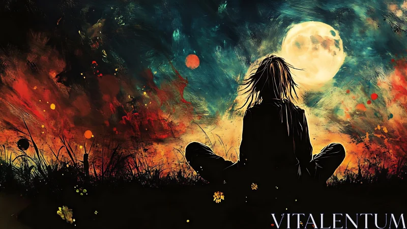 Silhouetted figure sits before full moon amid abstract sky