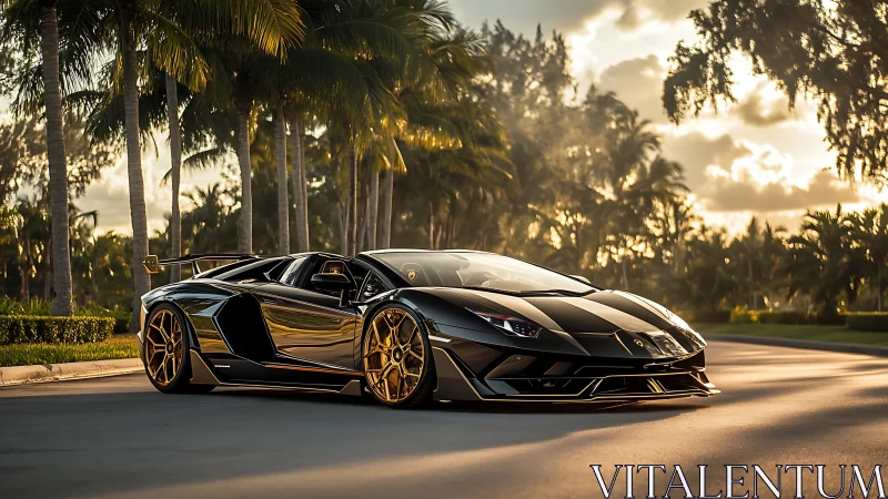 Black supercar on palm-lined residential street at sunset.